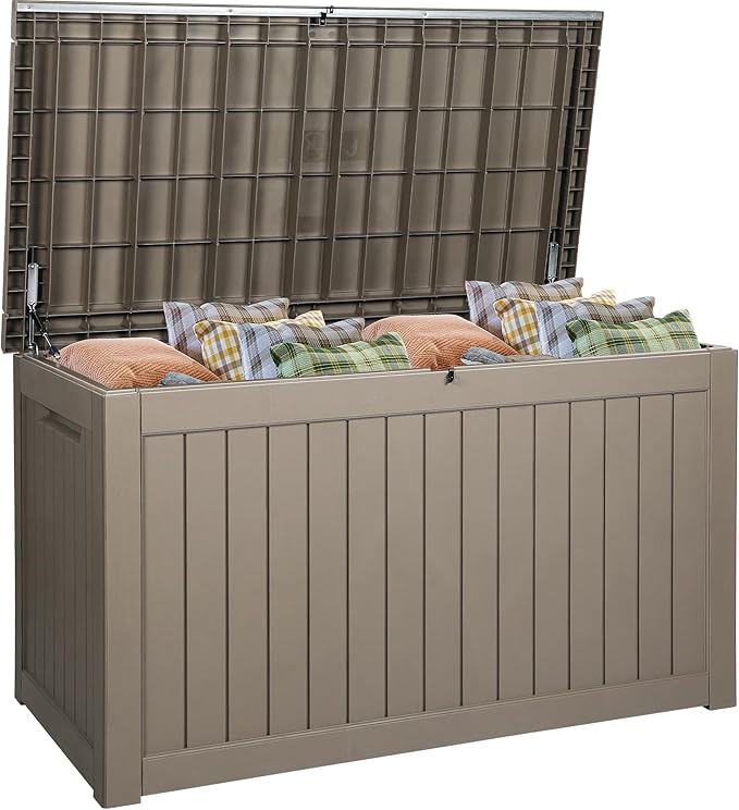 DWVO XXL 230 Gallon Deck Box, Extra Large Outdoor Storage Box for Gardening Tools, Patio Cushions, Waterproof and UV Resistant Resin (Light Brown)