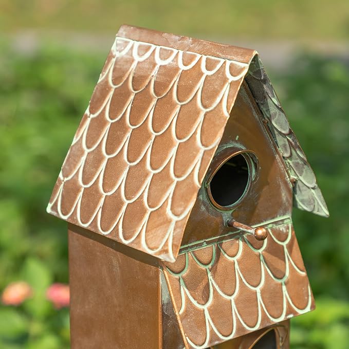 Glitzhome Birdhouses for Outdoors, Decorative Bird Houses for Outside, 53" H Farmhouse Faux Copper 2-Tiered Distressed Metal Bird House Garden Birdhouse with Stake for Outdoor Patio
