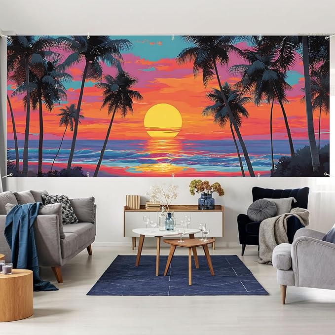 7 * 16FT Summer Garage Door Cover Decorations Sunset Palm Trees Garage Door Banner for Outdoor Indoor Summer Party Photography Backdrop (Summer Sunset, 7 * 16 ft)