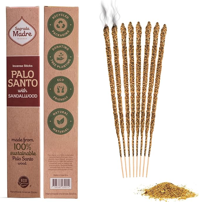 Sagrada Madre 8pcs Wildly Harvested Thick Palo Santo Incense Sticks (Sandalwood), 9” Long - Eco Friendly, Non-Toxic, Aromatic Incense Sticks (1hr Burning Time) to Heal & Calm Your Body and Environment