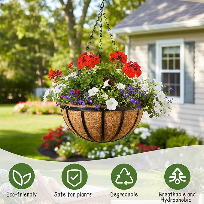 4pcs 14 inch Metal Hanging Baskets Round Wire Plant Stand with Coco Lining Cushion Decorative Planter Hanger Garden Indoor Outdoor Watering Hanging Basket （BT）