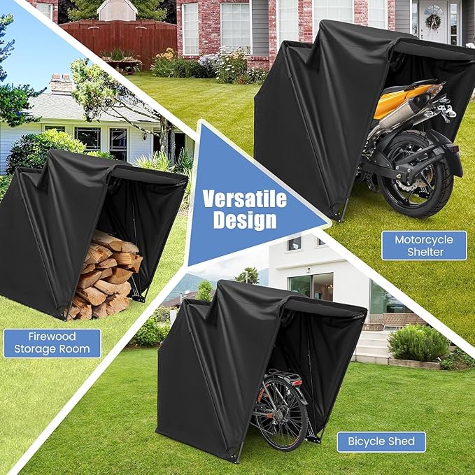 ERGOMASTER Motorcycle Shed, 136" x 54" x 75" Heavy Duty Waterproof Motorcycle Garage with 600D Oxford Fabric, Roll-up Mesh Windows Shed