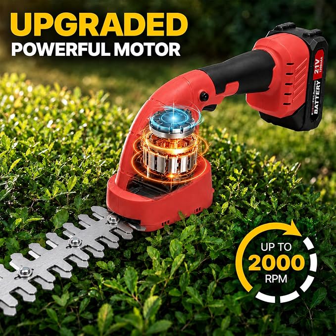 2-in-1 Cordless Hedge Trimmer & Grass Shear, 21V, Red | Lightweight Handheld, Small Yard Lawn Edging, Easy One-Hand Pruning for Women & Seniors, 2 Batteries & Charger