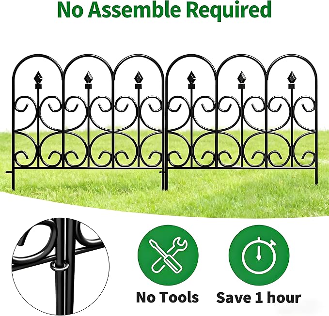 AMAGABELI GARDEN & HOME 5 Panels 24in(H)×10ft(L) Decorative Garden Fences and Borders for Dogs No Dig Metal Fence Panels Garden Edging Border Fence for Animal Barrier Fencing for Flower Beds Black