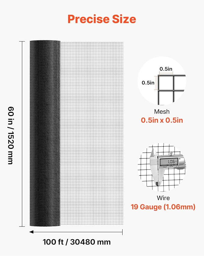VEVOR Hardware Cloth 60 in x 100 ft, 1/2 in 19 Gauge Galvanized Wire Mesh Roll, Weather-Resistant Vinyl Coated Chicken Wire Fencing, Heavy Duty Welded Garden Plant Fencing for Rabbit Cage Snake Fence