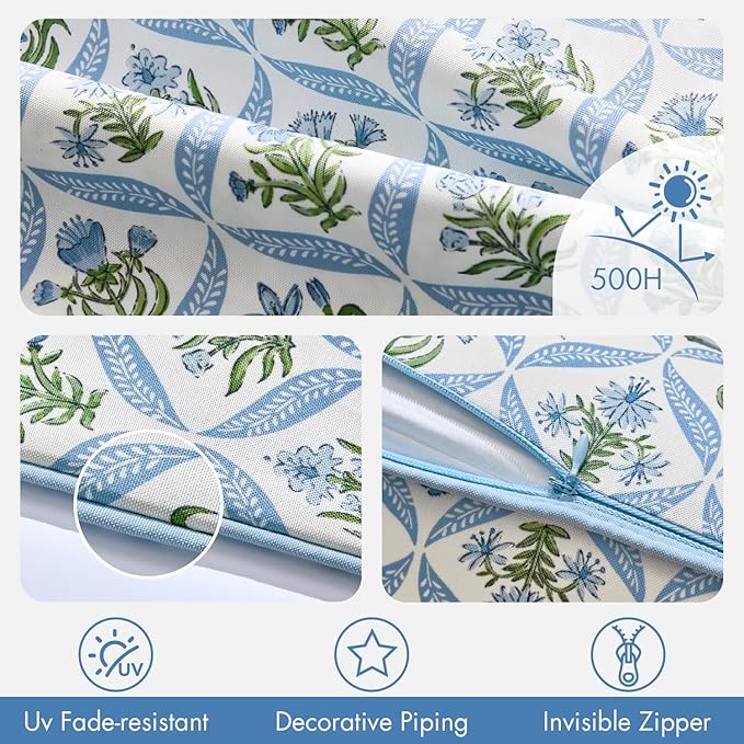 ANRODUO Floral Outdoor Pillow Covers 18x18 Waterproof Set of 2 Block Print Boho Accent Decorative Cushion Cases with Refined Edge Piping for Spring Patio Porch Garden Couch Sofa Bench Decor Blue