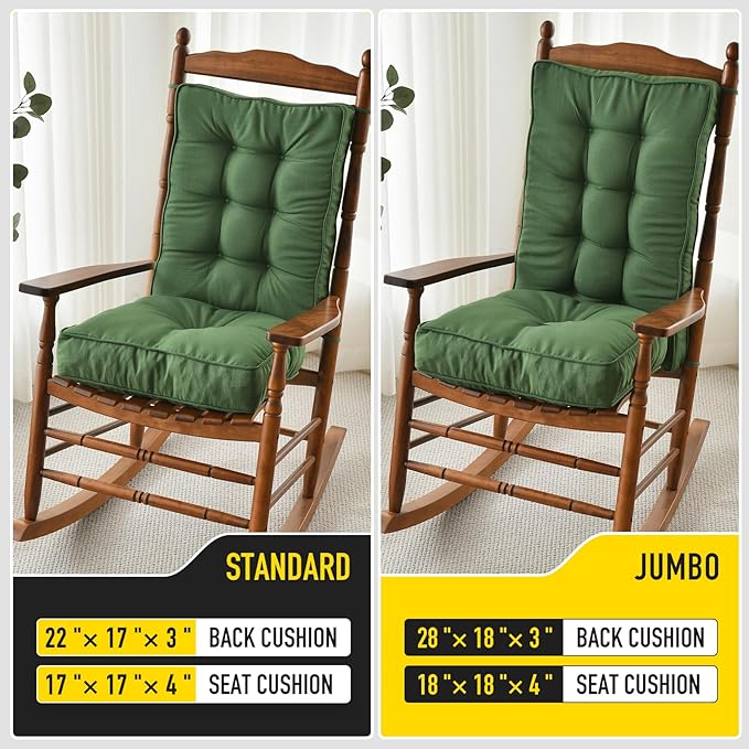 SUNROX Memory Foam Non Slip Rocking Chair Cushion, FadeShield Water Resistant Thicken Durable Tufted Pads, Set of Seat & Back Cushion with Ties for Indoor/Outdoor Rocker, 2 Piece, Army Green