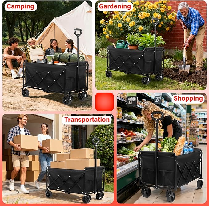 Collapsible Wagons Carts Foldable, 500LBS Heavy Duty Wagon Cart Foldable with Brakes & All-Terrain Wheels– 34'' Extra Long Folding Wagon Portable Lightweight for Camping, Beach，Sports, Shopping