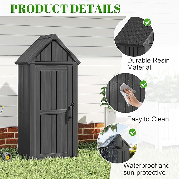 Vertical Outdoor Storage Shed, Waterproof Resin Outdoor Storage Cabinet with Removable Shelves & 12 Hooks, Lockable Small Tool Shed for Garden, Backyard, Patio, Pool, Classic Black