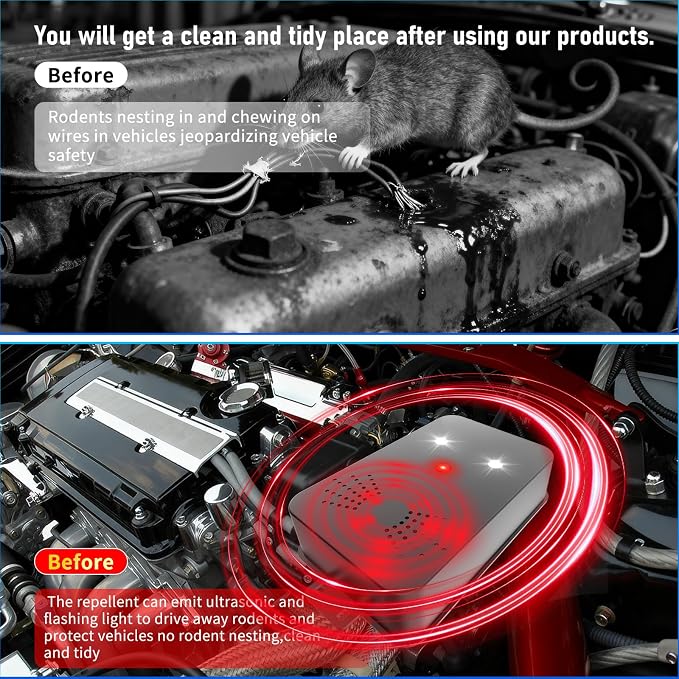 2026 Upgraded Rodent Repellent for Car Engines Mouse Repellent Ultrasonic Pest Control Repeller for Squirrel Rat Battery Operated Repellent Under Hood Keep Rodent Out of Car, Attic, Garage 4 Pack