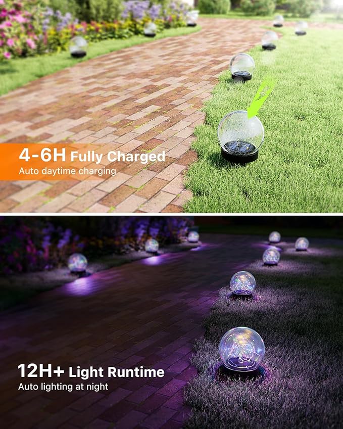 4 Pack Multicolor Solar Powered Cracked Glass Ball Lights Outdoor Waterproof LED RGB Ambiance Orbs Lamps for Outside Garden, Patio, Table, Walkway, Stairs, Lawn, Landscape Decor with Durable Stakes