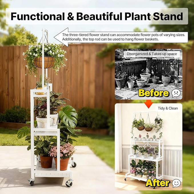 4-Tier Foldable Plant Stand with Wheels, No Tools Assembly, Sturdy Step Shelf for Indoor Outdoor Use, White – Organize Pots, Save Space, Roll & Store Easy
