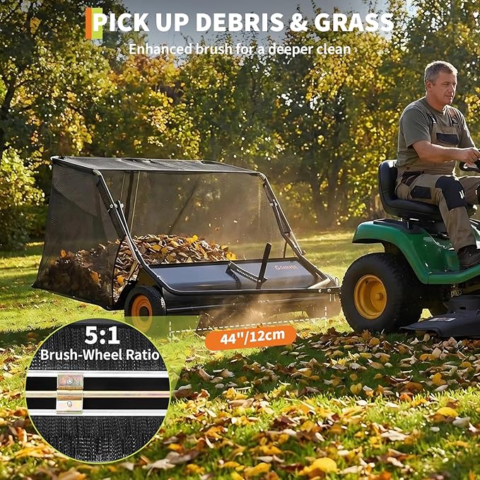 GarveeTech 44 Inch Lawn Sweeper Tow Behind, 26 cu. ft Large Hopper Grass Sweeper Tow Behind, Heavy Duty Leaf & Grass Collector, Adjustable Brush Height Lever and Dumping Rope, Pull Behind Sweeper Yard