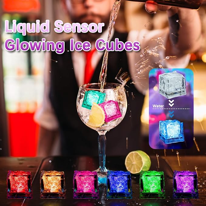 24 Pcs Light Up Ice Cubes - Waterproof LED Ice Cubes with Liquid Sensor and Color Changing Effect for Party, Bar, Wedding Decor - Multi Color