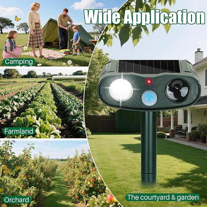 4-Pack Solar Animal Repellent Outdoor: Sonic Fortress Pro Deer Repellent Devices&Ultrasonic Cat Repeller for Yard & Garden, Waterptoof Raccoon Squirrel Deterrent with LED Flash Lights