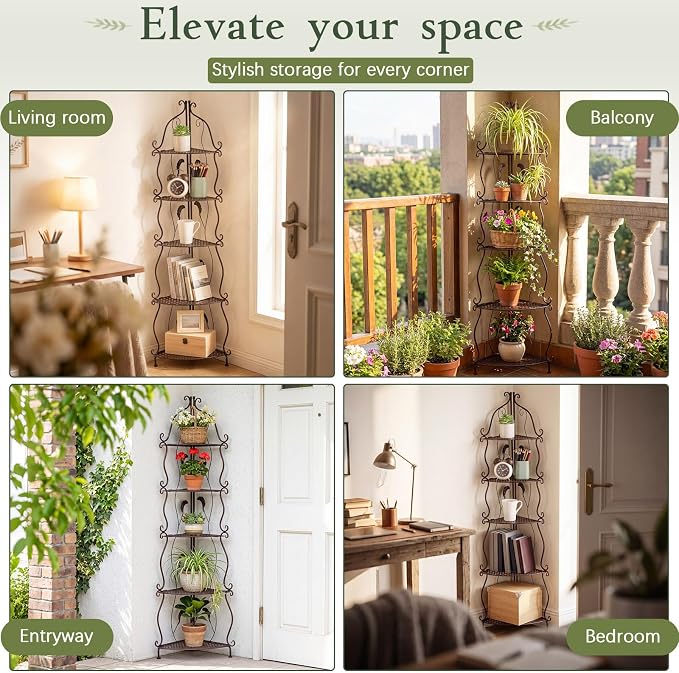 Gisafai 5 Tier Outdoor Corner Plant Stand, Corner Bakers Rack, No Assembly Required Metal Corners Shelf, for Patio Garden Balcony Indoor Outdoor Decor(Rustic Brown)