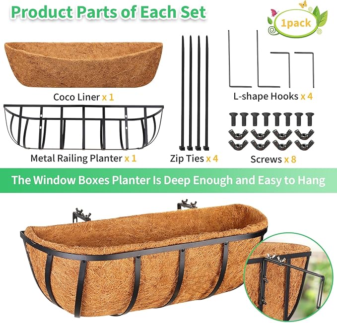 Legigo 2 Pack 16 Inch Window Box Deck Railing Planter with Coconut Liner, Balcony Rail Planters Horse Trough Window Planter Boxes, Metal Railing Hanging Flower Baskets for Outdoor Porch Fence Patio