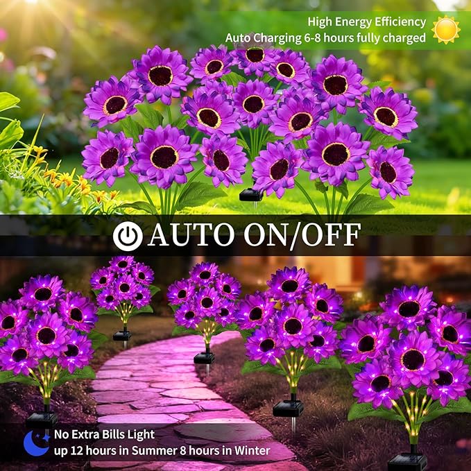 Solar Garden Lights Outdoor, 6 Pack Solar Purple Sunflower Lights with 18 Head 3.4 Inch Flowers, Waterproof Flowers Light Fall Decor Auto ON/Off for Garden Yard Patio Backyard, Gifts for Mom Women