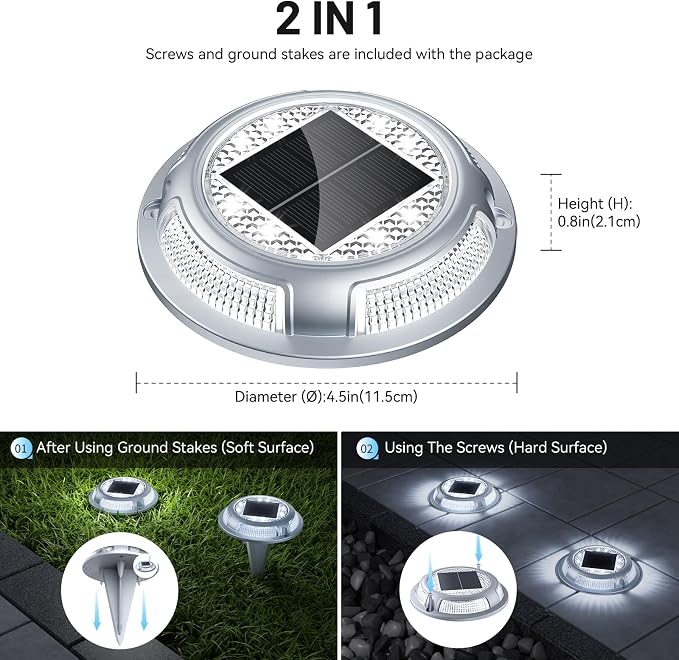 Solar Driveway Lights, 4 Pack Heavy Duty Driveway Lights Solar Powered 2 Color Mode (Cool/Warm White) IP68 Waterproof Outdoor Solar Deck Lights with Ground Stake for Pathway Garden Yard Walkway Dock