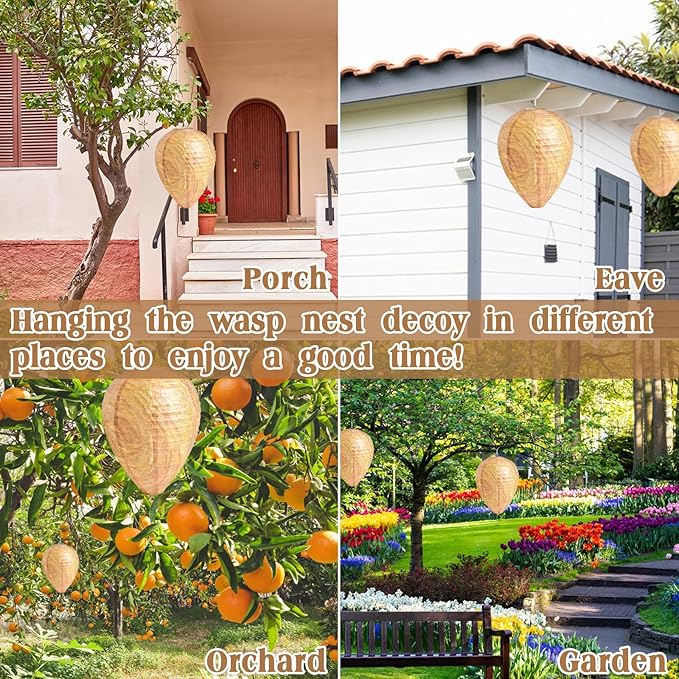 ZeeDix 8 Pack Hanging Paper Fake Wasp Nest Decoy- Fake Hornets Wasp Nest for Outdoor, Home and Garden(8.66"×11",Warm Color)