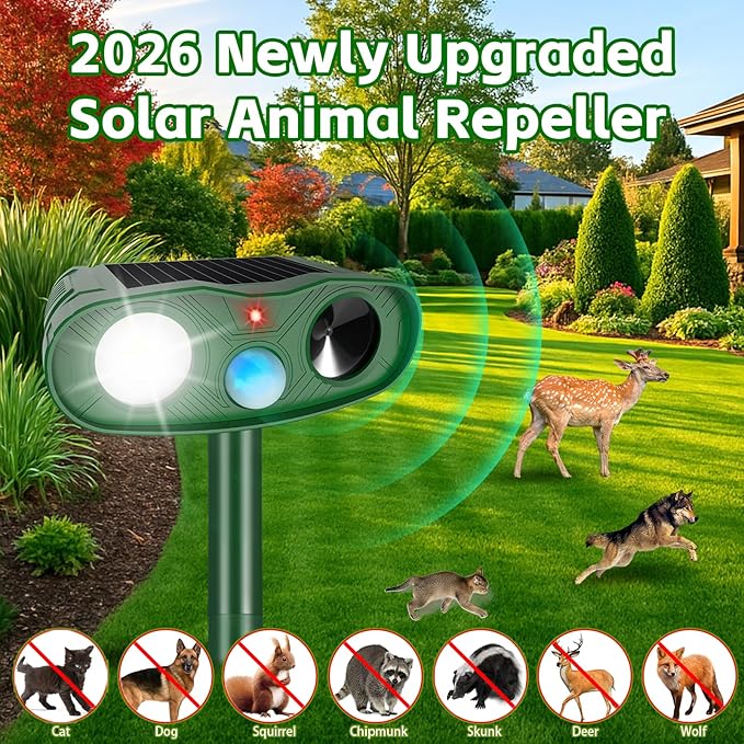 2026 Sonic Racoon Squirrel Fortress Pro Deer Repellent Devices, Solar Ultrasonic Motion Activated Animal Repeller Outdoor Cat Repellent Fox Deterrent with Light for Rabbit Bear Dog Garden(4)