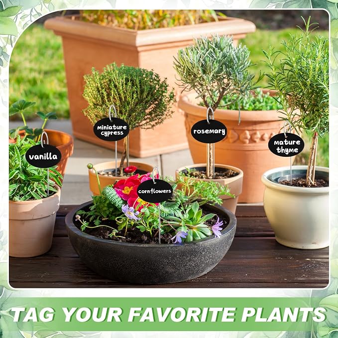 Novabright 100 Pcs Black Acrylic Plant Labels with Metal Stakes 7.9 Inch Garden Markers Plant Labels Waterproof Weatherproof Reusable Tags with 2 Marker Pens for Outdoor Potted Plants, Seed, Flowers
