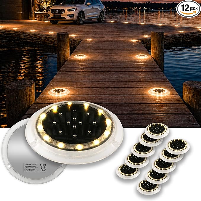 SHONELIGHTING Solar Dock Lights Outdoor Waterproof, Flat Low Profile Disc LED for Deck, Driveway, Ground & Pathway, Anti-Slip & Anti-Trip (Warm White, 12Pack)