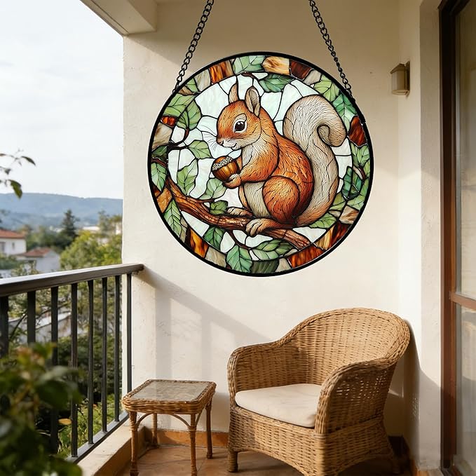 DASTOLL Stained Glass Window Hanging, Squirrel on a Branch Suncatcher Diamond Glass Panel Animal Sun Catchers Decor for Birthday for Women, Men, Wife, Aunt, and Mom 7.8 in