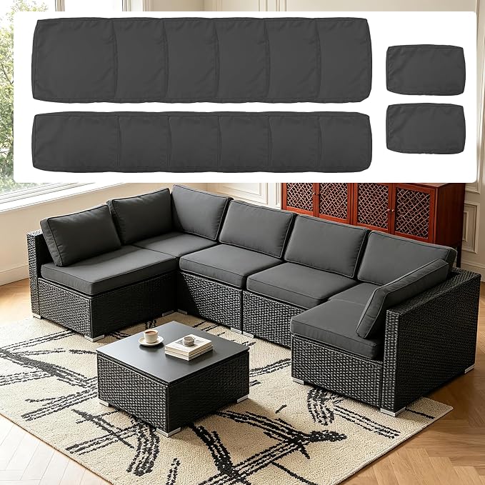 14Pcs Outdoor Cushion Covers Replacement Washable Waterproof UV w/Zipper for 6-Seaters Sofa Patio Slipcovers Set Seat and Back Covers Only (Charcoal Gray, 25.6x25.6inch)