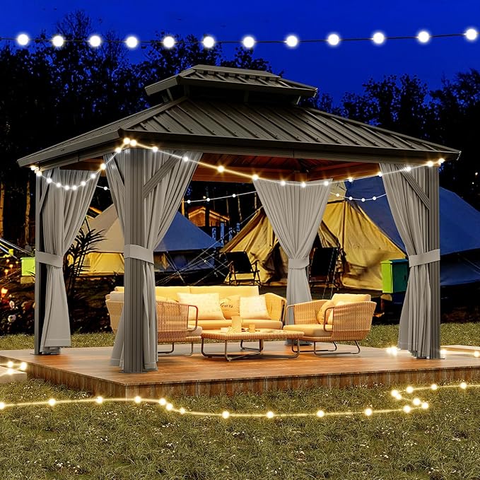 12 x 20 ft Hardtop Gazebo, Heavy Duty Galvanized Aluminum Frame Double Roof Outdoor Pavilion, Faux Wood Grain Metal Roof Gazebo with Netting & Privacy Curtains, Brown Patio Canopy Shelter for Backyard