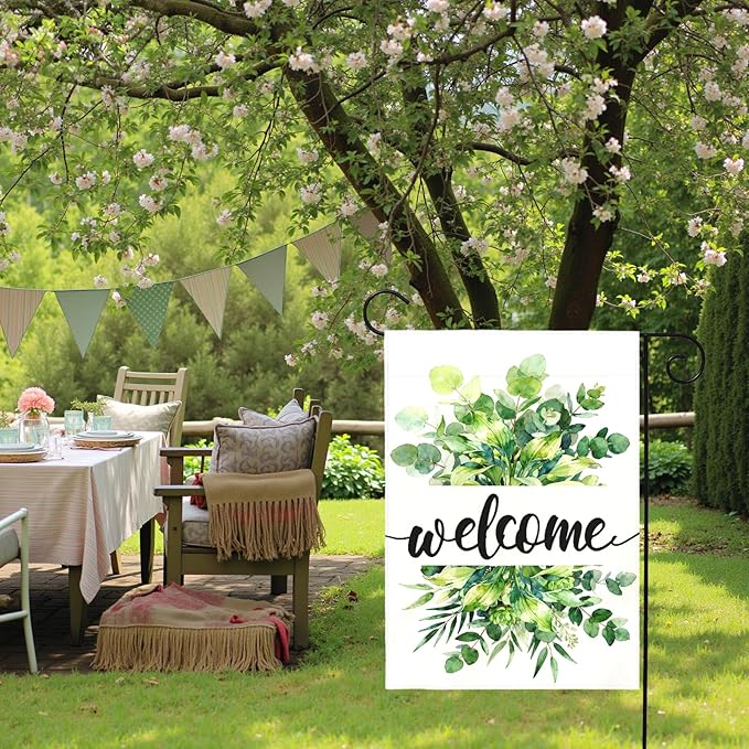 Welcome Spring Garden Flag Summer Greenery Watercolor Eucalyptus Leaves House Banner Seasonal Rustic Farmhouse Hosta Planta Yard Flags for Outside Porch Patio Lawn Home Decor 12 x 18 Inch