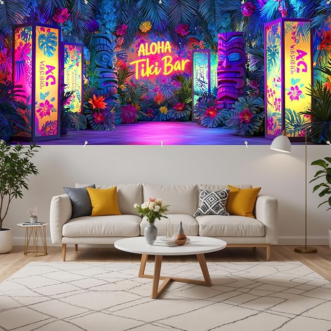 7 * 16FT Summer ALOHA & Tiki Bar Garage Door Cover Decorations Sunset Palm Trees Garage Door Banner for Outdoor Indoor Summer Party Photography Backdrop