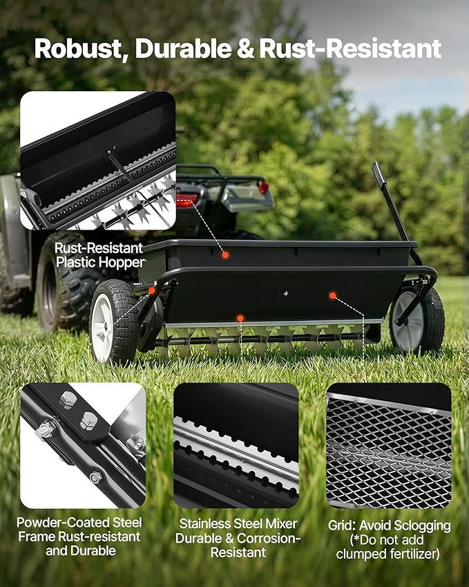 VEVOR Tow Behind Lawn Spreader with Aeration Spikes, 32 in Spreading Width, Broadcast Spreader with Universal Hitch, Garden Seeder & Soil Aerator with 100lbs Capacity & 10 in Tires for ATVs UTVs