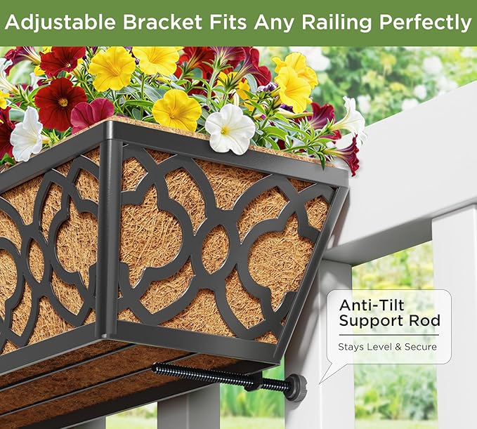 Y&M 6Pcs 24 Inch Window Deck with Coconut Coir Liner, 24" Railing Planter Horse Trough Coco Basket Boxes Metal Hanging Flower Balcony for Outdoor Garden Fence Lawn
