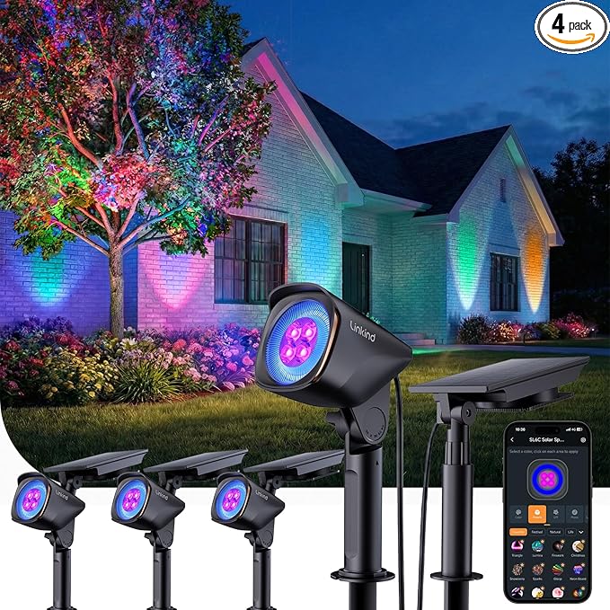 Linkind Smart SL6C Outdoor Lights Solar Powered, Dual-Ring Solar & USB Charging Solar Spotlights Outdoor Waterproof IP66, Color Changing Spot Light for Trees, Yard, Garden, Landscape, 4 Pack