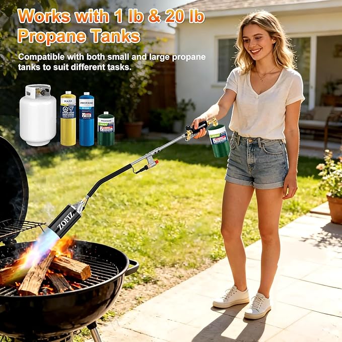 Propane Torch Weed Burner Kit, 33.5" Blow Torch with 1lb Propane Cylinder Converter, 10 FT Hose, Heavy Duty Torch with Turbo Trigger for Weeds, Roofing, Ice & Snow Melting(Fuel Not Included)