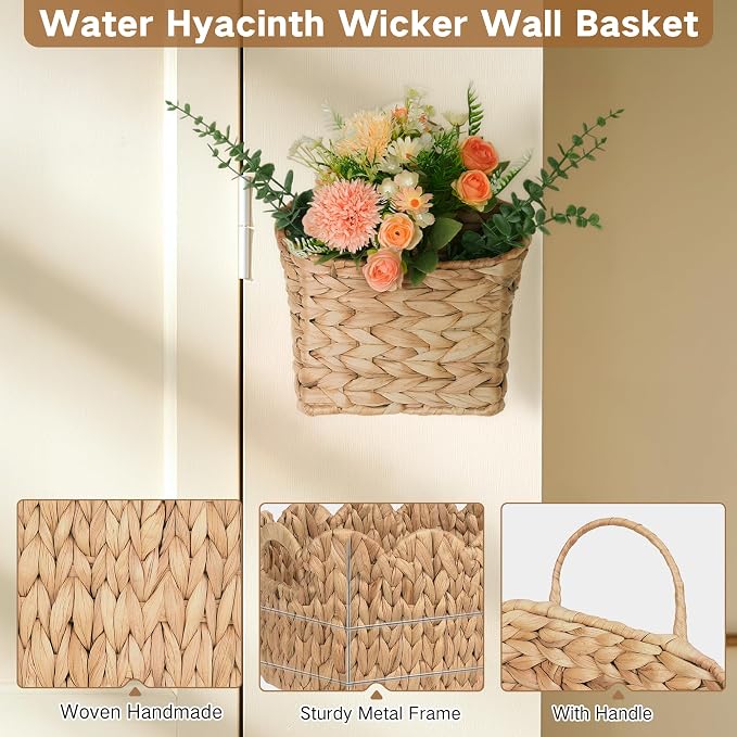 iEGrow Set of 2 Hanging Basket, Wicker Wall Basket Natural Water Hyacinth, Hanging Baskets for Organizing and Decor, Storage Baskets for Door Mounted Entryway Flower Mail Plant Garden