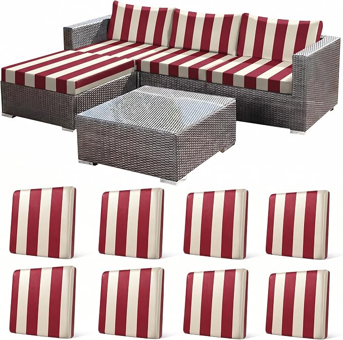 CALBODE 8 Pcs Stretch Outdoor Seat Cushion Covers, Washable Striped Chair Seat Cover for Patio Furniture Cushions Soft Indoor and Outdoor Couch Cover Replacement (Red&Beige, Cover Only)