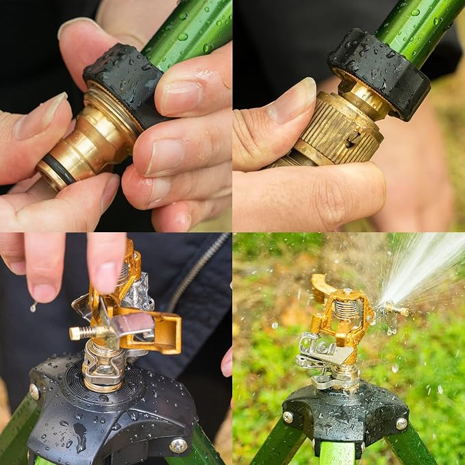 Hourleey Impact Sprinkler on Tripod Base, 6 Pack Heavy Duty Sprinklers for Lawn Yard Garden, 0-360 Degree Large Area Coverage, 3/4 Inch Connector Extension Legs Flip Locks with Brass Head