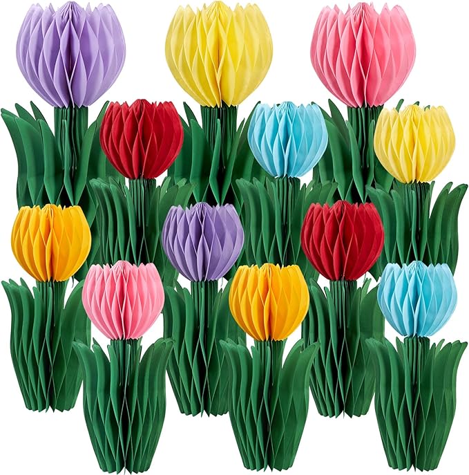 OBBOLO 12 Pcs Tulip Honeycomb Decorations, Spring Decorations for Office, Spring Table Decor, Tulip Party Decorations, Spring Centerpieces for Tables for Mothers Day Spring Party, Womens Day