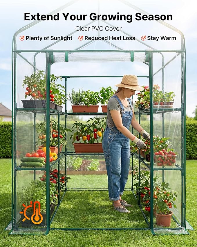 VEVOR Walk-in Greenhouse, 54" x 54" x 77.2" Greenhouse for Outdoors with PVC Cover, 2 Tiers 10 Shelves, Roll-Up Zipper Door, Walk in Green House, Portable Plant Garden Hot House for Backyard Outside