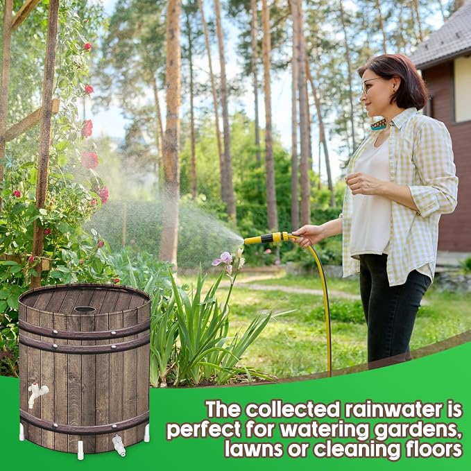 PAETAE Collapsible Rain Barrels, 50 Gallon Rain Water Collection Barrel, Rain Catcher Barrels to Collect Rainwater from Gutter, Leak-Proof Design, Woodgrain