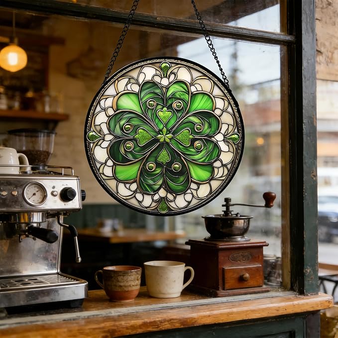 DASTOLL Stained Glass Window Hanging St. Ripak Festival Green Lucky Clover Large 11.8" - Suncatcher Door Garden Sun Catcher Ireland Decor Mother's Day for Mom Woman Her Men Sisters