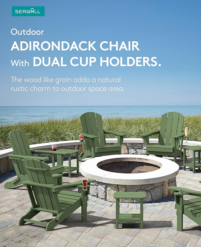 SERWALL Adirondack Chair with Cup Holders - Composite Adirondack Chairs HDPE Outdoor Chairs All Weather Use- Avocado