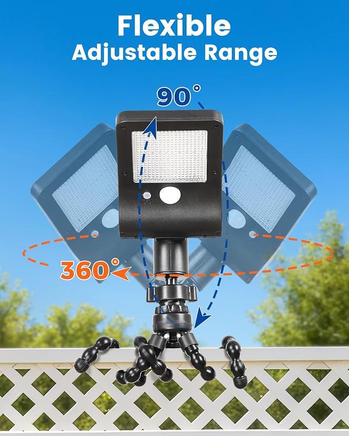 Solar Fence Lights Outdoor, 60 LEDs Motion Sensor Security Light with Flexible Octopus Tripod, 3 Lighting Modes, Adjustable Angle for Fence Deck Camping Patio (2)