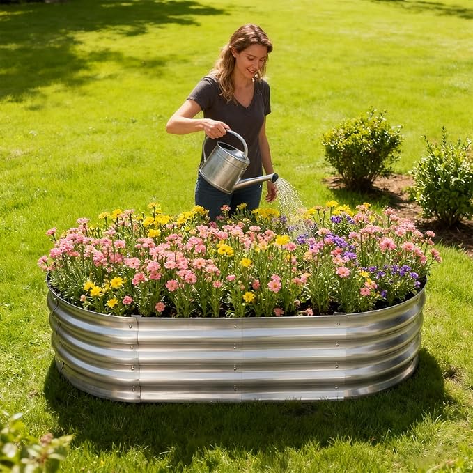TATAANTY Galvanized Raised Garden Bed for Outdoor: 4X2X1ft Durable Metal Vegetable Plant Container Kit - Oval Planter Box for Gardening Flower Trough