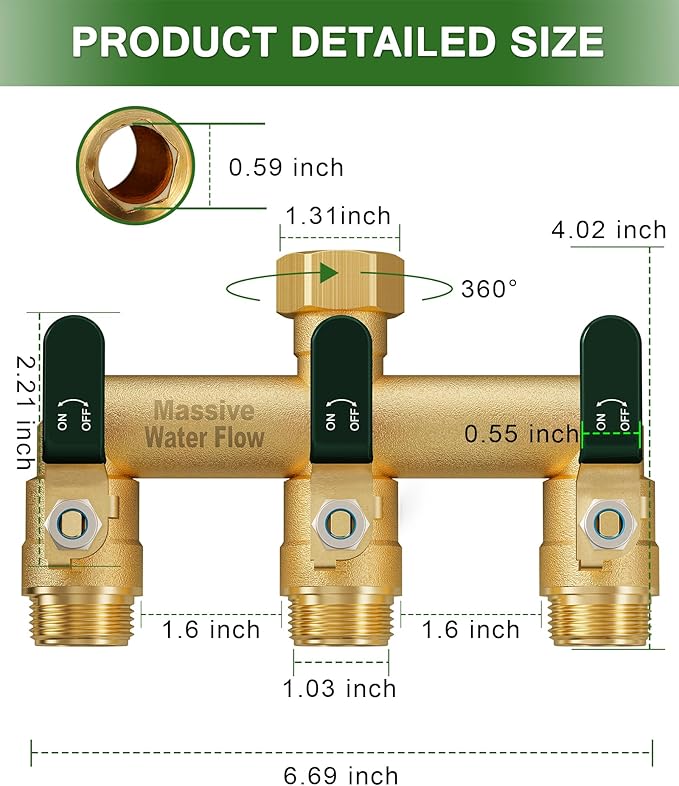 3 Way Hose Splitter, Heavy Duty Full Flow Garden Water Hose Bib Spigot Splitter, Brass Rust and Freeze Resistant Outdoor Faucet Splitter, T Adapter Connector with 3/4 - Inch GHT Thread （Green）