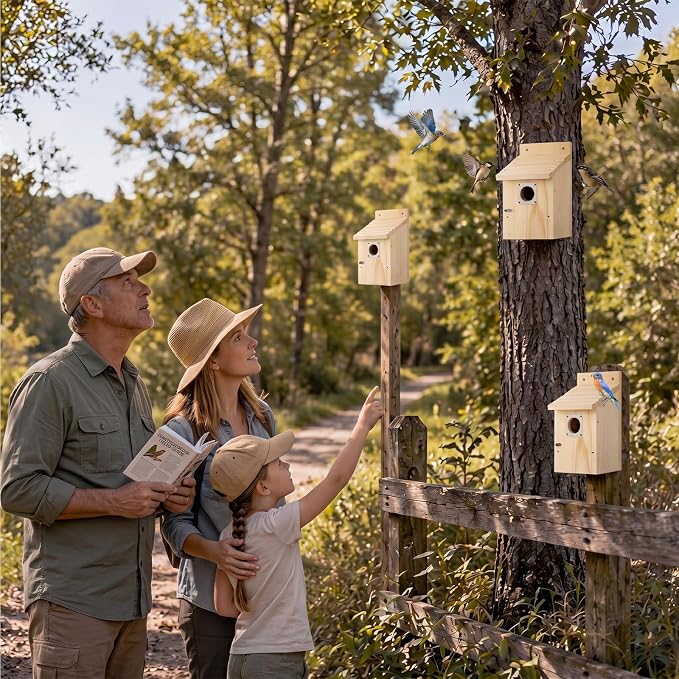 Dreyoo 4 Pack Bluebird Houses for Outside with Metal Predator Guard, 1-1/2" Entrance Hole Wooden Blue Bird Houses for Outdoors, Bluebird Nesting Box(Wood)