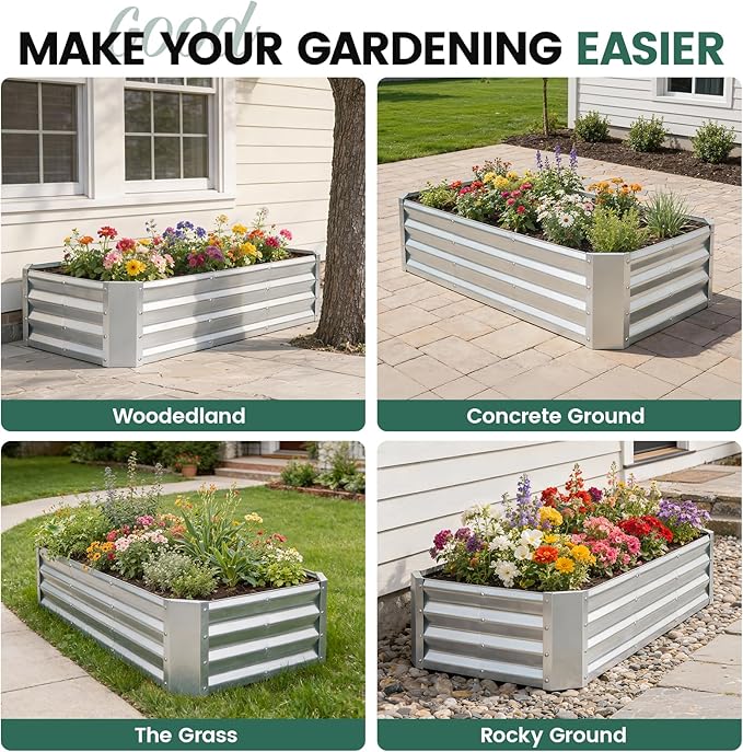 G GOOD GAIN 4x2x1ft Raised Garden Bed – Galvanized Metal Planter Box for Vegetables, Flowers, Herbs, Fruits – Outdoor Garden Beds with Open Bottom, Sliver