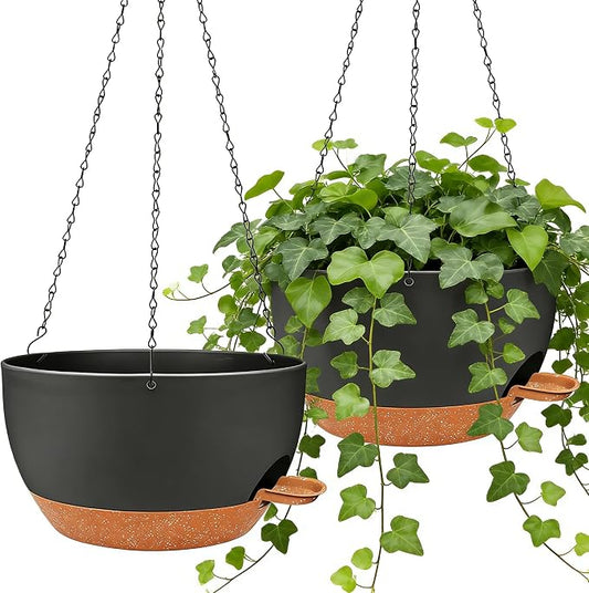 12" Self Watering Hanging Planters with Chains, Black Brown，2 Pack | 43 Oz removable self-watering reservoir, for indoor/outdoor plants, patio & garden